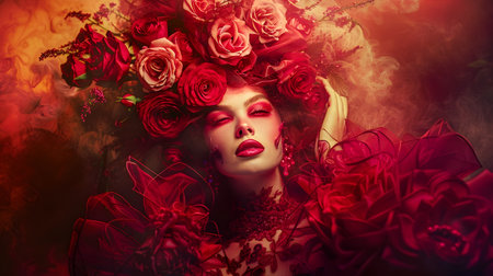 A surreal fashion photo featuring a confident woman with bold red makeup and a floral headpiece made of red roses She wears an elaborate gown made with intricate patterns and textures, creating aの素材