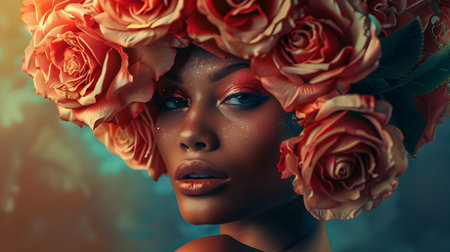 A magnetic model with vivid makeup and a luxurious headdress made of generous roses poses in a half body view, bathed in a soft, tawny illuminationの素材
