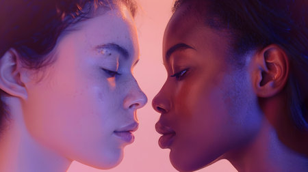 A close-up shot of two women with distinct racial traits, one black and one white, in profile with their faces facing each other They have their eyes closed and their lips almost touching, conveyingの素材