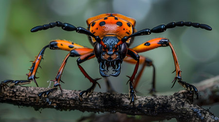 Stunning and vibrant macro photography of an orange and black tiger beetle with large legs and antlers on its head, perched on a jungle tree branch with striking contrasting colors and textures inの素材