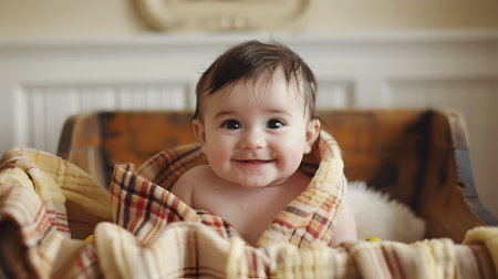 A delightful baby, wrapped in a plaid blanket, sits on a bed with a radiant smile, contributing to a cozy and inviting atmosphere The warm color tones and soft lighting create a comforting ambiance,の素材