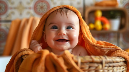 A close-up view of a baby wrapped in a soft orange towel, sitting in a basket, revealing a toothless grin and bright eyes The image is warm, inviting, and meticulously crafted with high detail, sharpの素材
