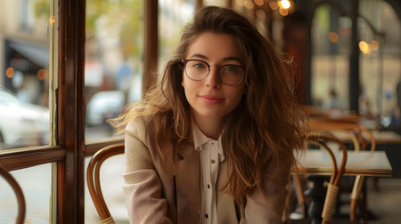 A portrait of a confident young woman with long hair and glasses, sitting at an outdoor table in front of a Parisian cafes window She wears a beige blazer over a white shirt and smiles joyfully whileの素材