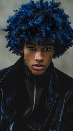 A captivating portrait of a black male with an asymmetrical blue afro hairstyle, wearing a dark navy velvet jacket He faces the camera directly with a striking poise, creating a fashion-forward andの素材