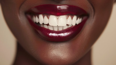 A close-up shot of a black womans face, showcasing her dazzling white teeth and burgundy lips The image is lit professionally in a studio, highlighting her beauty and the vibrant color of herの素材