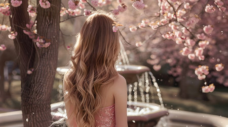 A beautiful girl with long blonde hair, dressed in pink, sits under a cherry blossom tree near a fountain in Central Park A second woman, with shoulder-length wavy brown hair, stands beside the tree,の素材