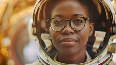 A captivating portrait of an African American woman astronaut, donning glasses and a warm smile, posing confidently in her space suit and helmet The Earth is softly blurred in the background, withの素材