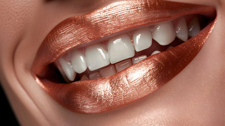A close-up shot of a womans smile, featuring perfectly aligned, dazzling white teeth and rose gold lipstick The image is captured in a professional studio with soft lighting and a clean, naturalの素材