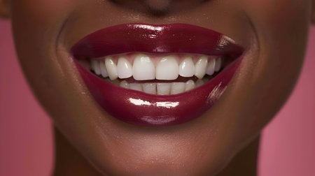 A close-up shot of a womans smile showcasing her well-groomed gums, plum lipstick, subtle gloss, and sparkling white teeth The image captures a moment of genuine happiness and confidence, making itの素材