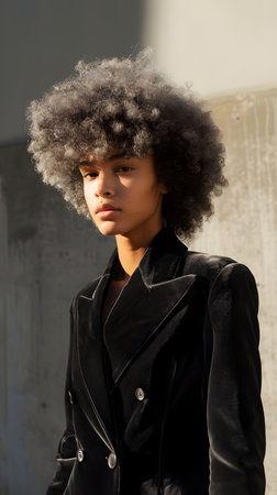 A young black model with a stylish afro stands against a concrete wall during fashion week, wearing a sleek black velvet blazer The natural, soft lighting highlights her face and hair as she posesの素材