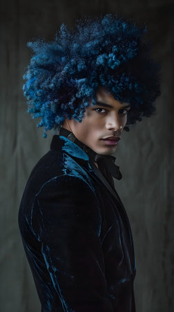 A stylish black male model dons a black velvet jacket, showcasing a unique blue afro hairstyle Captured in a studio setting with gray backdrop, the photograph highlights his captivating poise andの素材