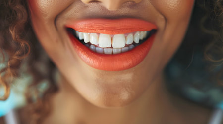 A close-up shot of a beautiful African American womans face, her perfectly white and healthy teeth on display as she beams a joyful smile This hyper-realistic photograph captures the positive andの素材