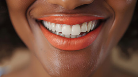 A close-up shot of a cheerful African American womans mouth reveals her gleaming, healthy teeth, emphasizing the importance of dental care Captured with soft, natural lighting, this image offers aの素材