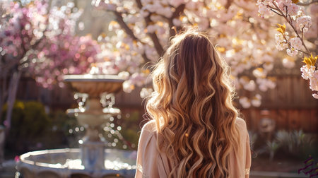 A woman with long, wavy blonde hair stands in front of an elegant fountain, surrounded by blooming cherry blossoms The sunlight highlights the soft texture and natural color tone of her hair, as well