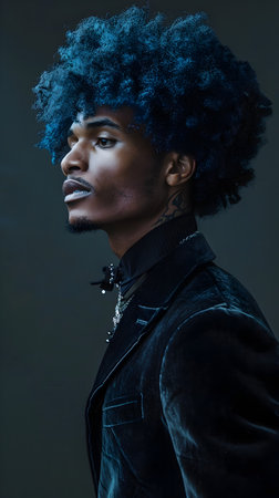 A captivating portrait of a handsome black man with a unique blue afro hairstyle, wearing a dark purple velvet jacket He gazes to the side, creating a mysterious and alluring vibe The image is setの素材