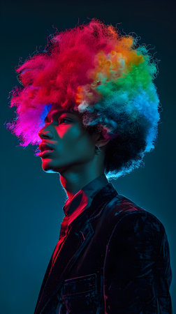 A stylish and confident young man with a vibrant, textured rainbow afro hairstyle dons a black velvet suit jacket, exuding flair under the influence of neon lights in a high-contrast, high-saturationの素材