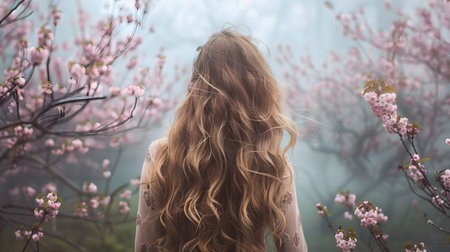 A woman with long, wavy hair stands in front of cherry blossoms in full bloom, her back to the camera The soft pink flowers contrast against the misty background, creating an ethereal and dreamlikeの素材