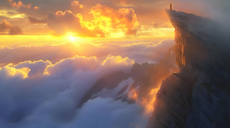 A man stands alone on the edge of a cliff, looking out at the stunning view of the sun rising over a mountain range and clouds below The hyperrealistic and cinematic style captures the epicness ofの素材
