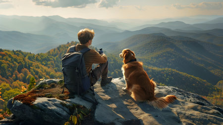 A young man with a backpack and his golden retriever dog sit on the edge of a mountain in the Great Smoky Mountains National Park, taking in the breathtaking view of the valley and distant mountainsの素材
