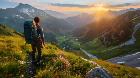 A backpacker stands at the edge of an alpine valley at sunrise, overlooking a vast mountain range with vibrant green valleys and flowers The sun casts long shadows across the landscape as it risesの素材