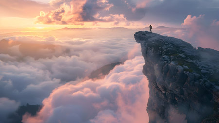 A lone figure stands on the edge of a cliff, overlooking vast clouds and an ascending mountain at sunrise, evoking feelings of freedom and adventureの素材