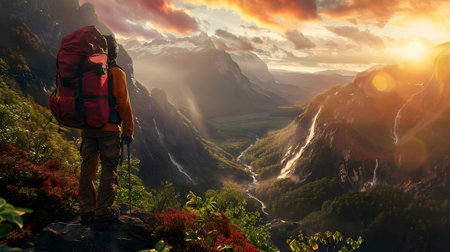 An intrepid backpacker stands on a mountain peak, taking in the breathtaking view of a lush valley filled with waterfalls and vibrant greenery, bathed in the warm glow of a dramatic sunset skyの素材