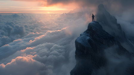 A striking image of a man standing on the edge of a towering mountain, looking out over a sea of clouds at the break of dawn The AI-generated photograph captures the breathtaking beauty of the sceneの素材