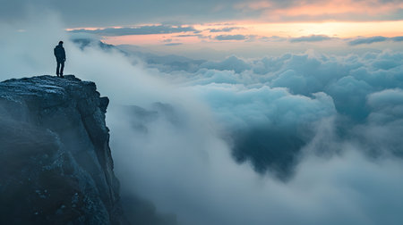 A person stands at the edge of a towering mountain, overlooking a sea of clouds and mist below This powerful image symbolizes determination, personal growth, and the courage to face lifes challengesの素材