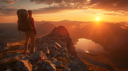 An individual voyager stands on a rocky hilltop, taking in the breathtaking view of a sunset setting ablaze a peaceful valley with calm lakes and secretive coves The figure, mesmerized by the beauty,の素材