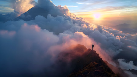 A lone hiker, standing on the peak of Mount Meru, experiences a breathtaking sunrise view over Mount Agung in Bali Swirling clouds surround the scene, and the distant volcano adds an element of dramaの素材