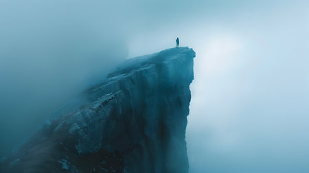 A lone figure stands at the edge of an impossibly tall cliff, overlooking a vast ocean shrouded in mist and fog The scene is captured from behind, emphasizing the dramatic perspective and creating aの素材