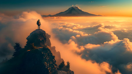 A lone backpacker stands atop a precipice, viewing the magnificent crest of Mount Rainier in the background An endless sea of clouds stretches out below, creating a serene and mystical atmosphere Theの素材