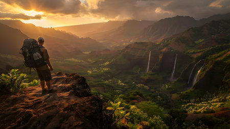 A backpacker stands on the edge of an ancient mountain overlooking Kauais lush greenery and majestic waterfalls at sunset, symbolizing adventure and exploration in Hawaii during golden hour withの素材