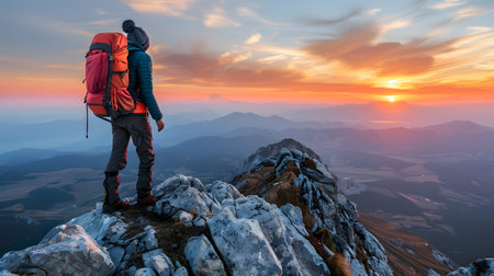 A backpacker, donning rugged outdoor gear, stands in solitude at the peak of an alpine mountain, gazing upon a breathtaking sunset over vast landscapes below The figure, with their back turnedの素材