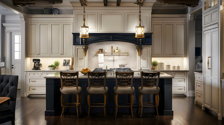 This captivating kitchen image showcases an elegant island with navy blue cabinets, white countertops, and dark blue accents The kitchen features a sophisticated ornate stone stove hood framed inの素材
