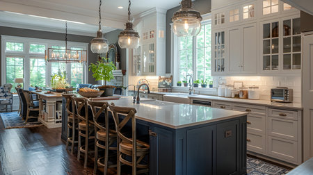 This inviting farmhouse kitchen features white cabinets, a large island with dark blue base, glass pendant lights, cozy barstools, and hardwood floors The open concept design includes a sitting areaの素材