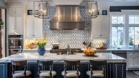 An architectural photograph of a classic kitchen featuring white cabinets, a navy blue island, and marble countertop The backsplash is covered in geometric black and grey tiles, and the range hood isの素材