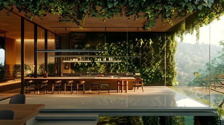 This modern kitchen features glass walls, an indoor bar, and a long table surrounded by chairs Greenery climbs up one wall, while a glass window overlooks the forest An indoor garden area adds to itsの素材