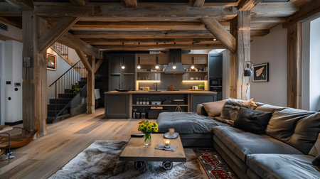 This image showcases a beautifully designed apartment interior in a mountain chalet style The open space features a modern kitchen with a large island and concrete walls, complemented by rusticの素材