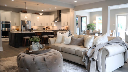 A sophisticated and elegant open concept living room and kitchen, artfully paired with grey couches, white cabinets, and an ottoman The space is decorated for Christmas with soft lighting and naturalの素材
