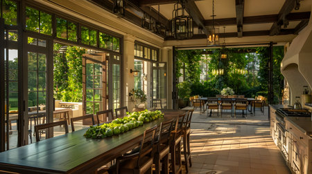 This bright and airy dining room, adorned with rustic elements, offers an inviting atmosphere for social gatherings or family dinners The long wooden table, surrounded by chairs, is set in an outdoorの素材