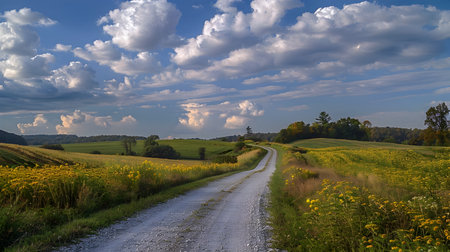 A quaint country back road in West Virginia winds through spectacular goldenrod fields, leading to the horizon under a splendid azure sky adorned with tufted clouds, creating a peaceful and sereneの素材