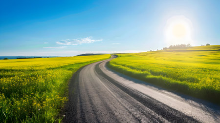 A tranquil and picturesque scene of a sun-drenched country road winding through expansive canola fields during the vibrant spring season The road, lined with tall grasses and wildflowers, leads toの素材