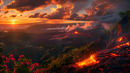 A panoramic view of a volcanic island in Hawaii, with bright red and orange lava flowing down from the mountains and greenery with small flowers blooming along the valley walls An exploding volcanoの素材