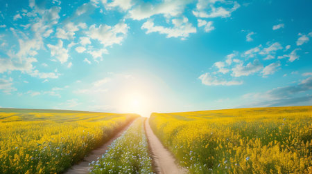 A peaceful rural road stretches through an expansive stretch of vibrant mustard fields, basking in the warm glow of the sun high above in a cloudless azure sky The tranquility of the countryside isの素材