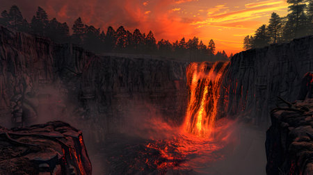 Experience the awe-inspiring sight of a lava waterfall at sunset, nestled in the heart of a mysterious forest The vibrant red sky and intricate textures create a cinematic atmosphere, perfect forの素材