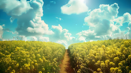 A warm and serene scene of a bright sunny day with fluffy white clouds overhead, a rustic dirt path winding through an endless sea of vibrant yellow rapeseed flowers, and a single person standing inの素材