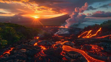 A stunning photo of Kilauea volcano on Hawaiis Big Island, with red hot lava coursing down the mountain slope and smoke billowing into the sky at sunset The verdant vegetation and warm colors createの素材