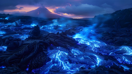A stunning landscape photo of blue lava flowing in the wilderness at night, with a volcano in the background and a stormy sky The light illuminates the dark rocks and mountain range in the distance,の素材