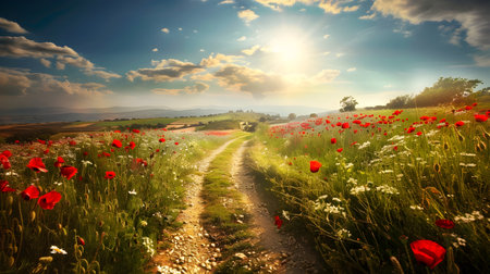 A sun-drenched dirt road winds through a field of poppies, stretching as far as the eye can see The sky above is a canvas of fluffy white clouds and vivid colors, complementing the vibrant red huesの素材